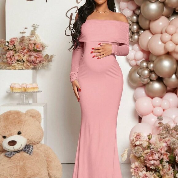 Pink Elegant Women's Maternity Off Shoulder Foldover Dress - Picture 4 of 7